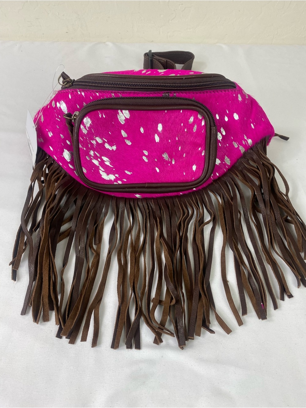 Genuine Cow hide hair on Bum bag/ Fanny pack with fringe pink /silver